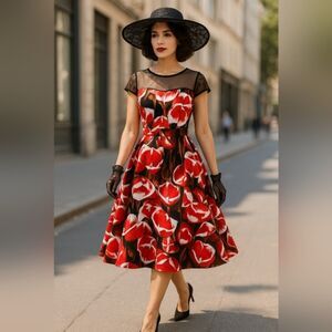 Liz Claiborne Red Floral Fit Flare Dress 8 Mesh A-Line Cocktail Party Vtg Bloom